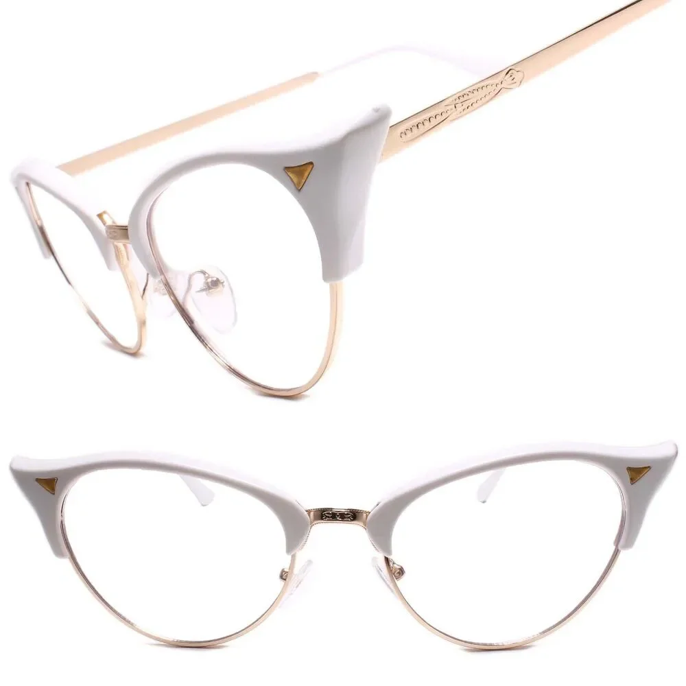 Classy Elegant Retro Cat Eye Style Clear Lens Eye Glasses Gold & White Frame
